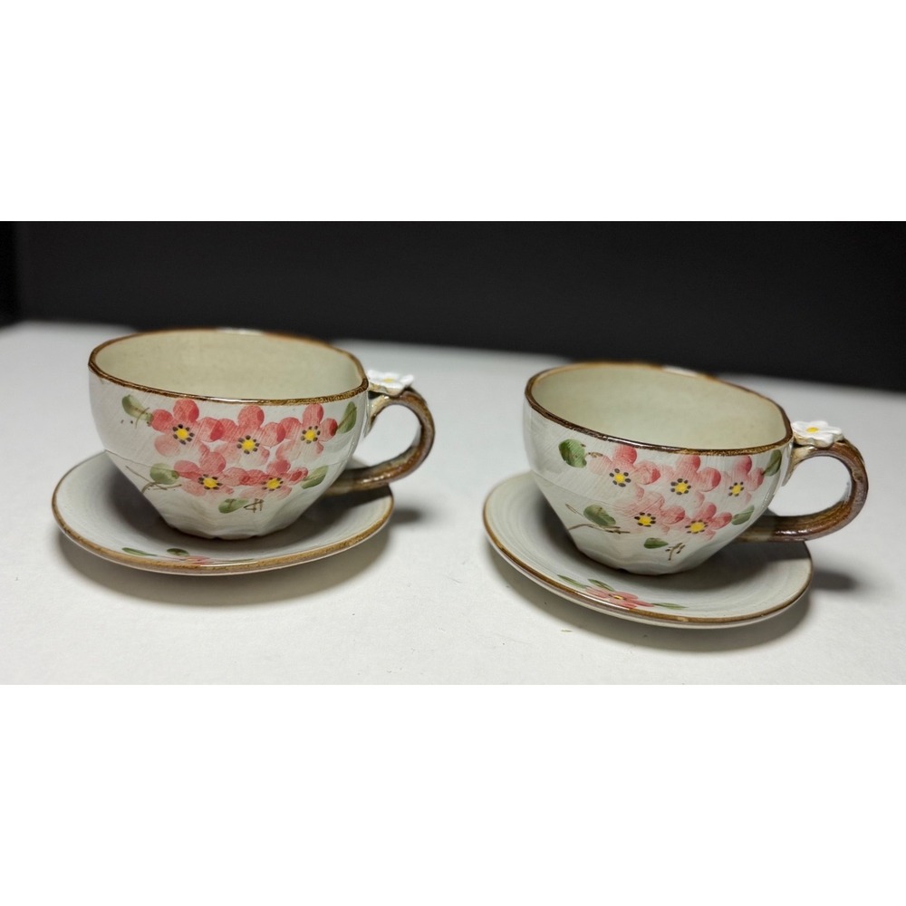 Pair of Vintage Artisan Hand Painted Pink Floral Ceramic Tea Cup and Saucer